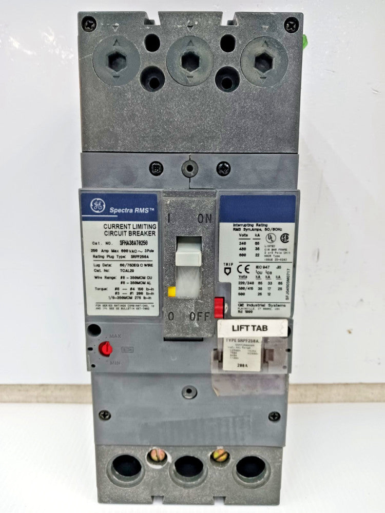 GE 250 Amp Circuit Breaker 3 Pole 600 VAC SFHA36AT0250 W/ 200 Amp Trip Plug