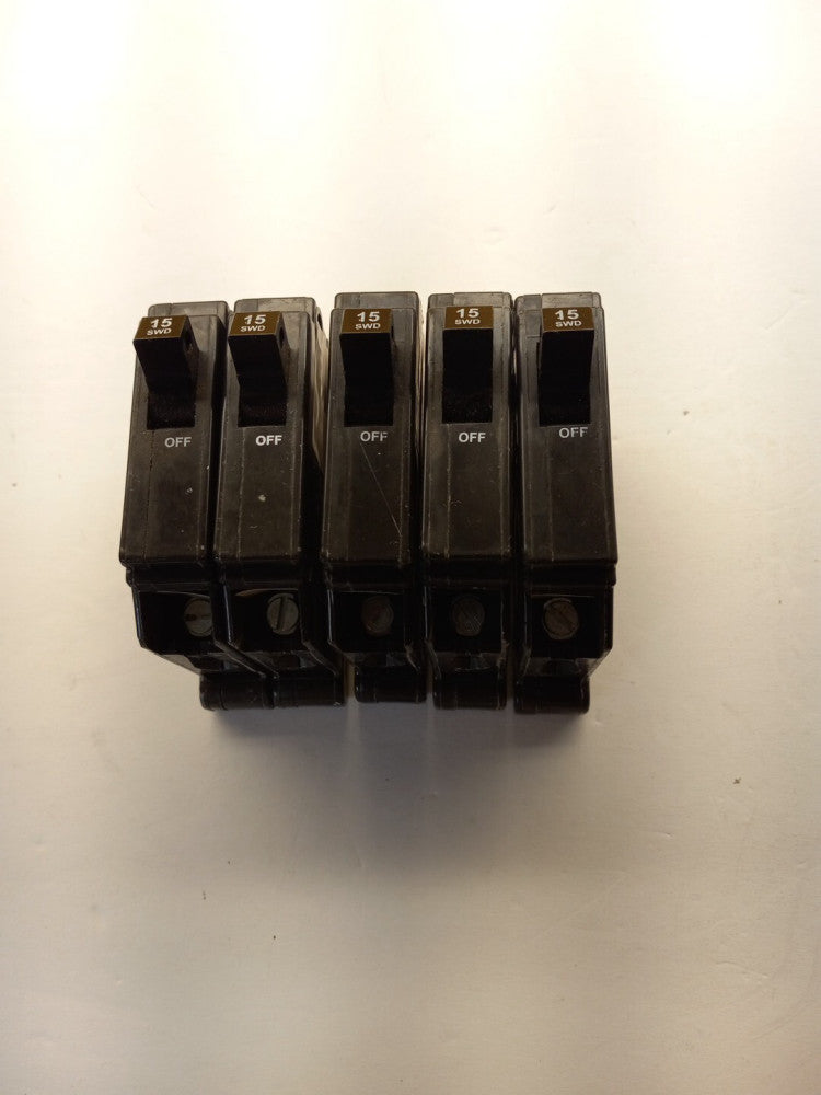 LOT OF 5 CUTLER-HAMMER 15 SWD CIRCUIT BREAKER CHB115 15 Amp 1 POLE 120/240V
