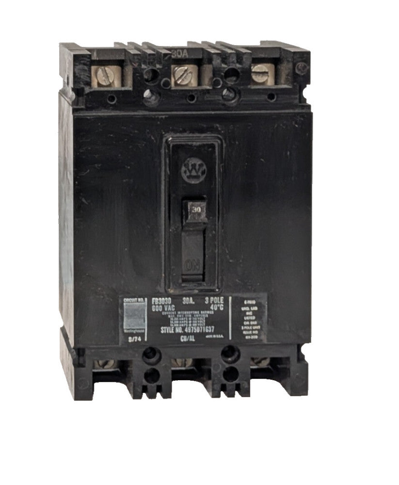 Westinghouse FB3030, 4975D71G37, 30A Circuit Breaker, 3-Pole 600VAC, Made in USA