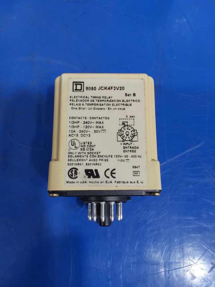 SQUARE D,  9050 JCK4F3V20 Series B Electrical Timing Relay, New, NOS,
