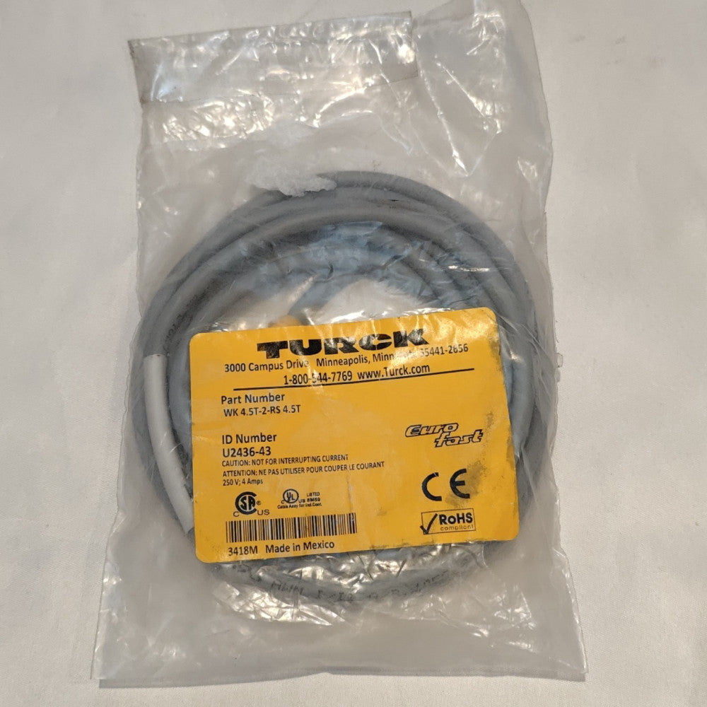 TURCK WK 4.5T-2-RS 4.5T, M12 Eurofast Cordset, 2 Meters, Straight Female & Male