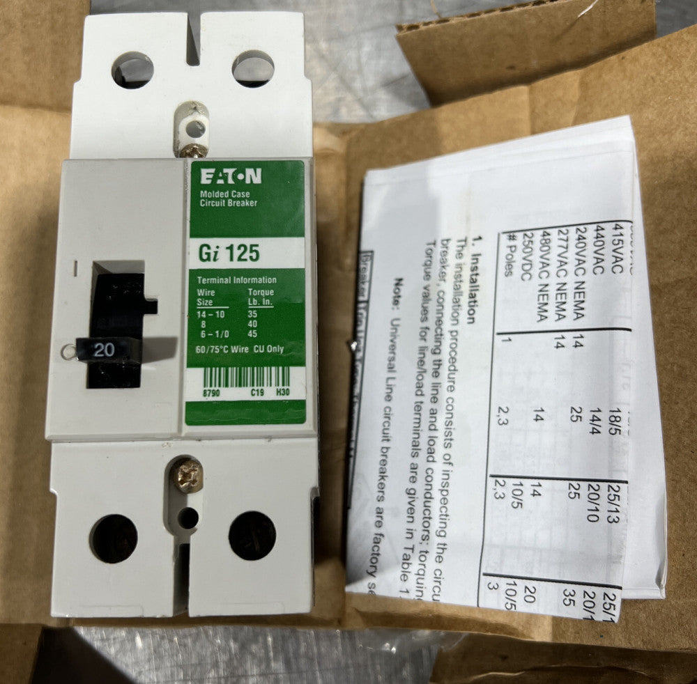 Eaton NSB GI2020 Molded Case Breakers (MCCBs) GI 2P 20A 480V 50/60Hz 2Ph G Frame