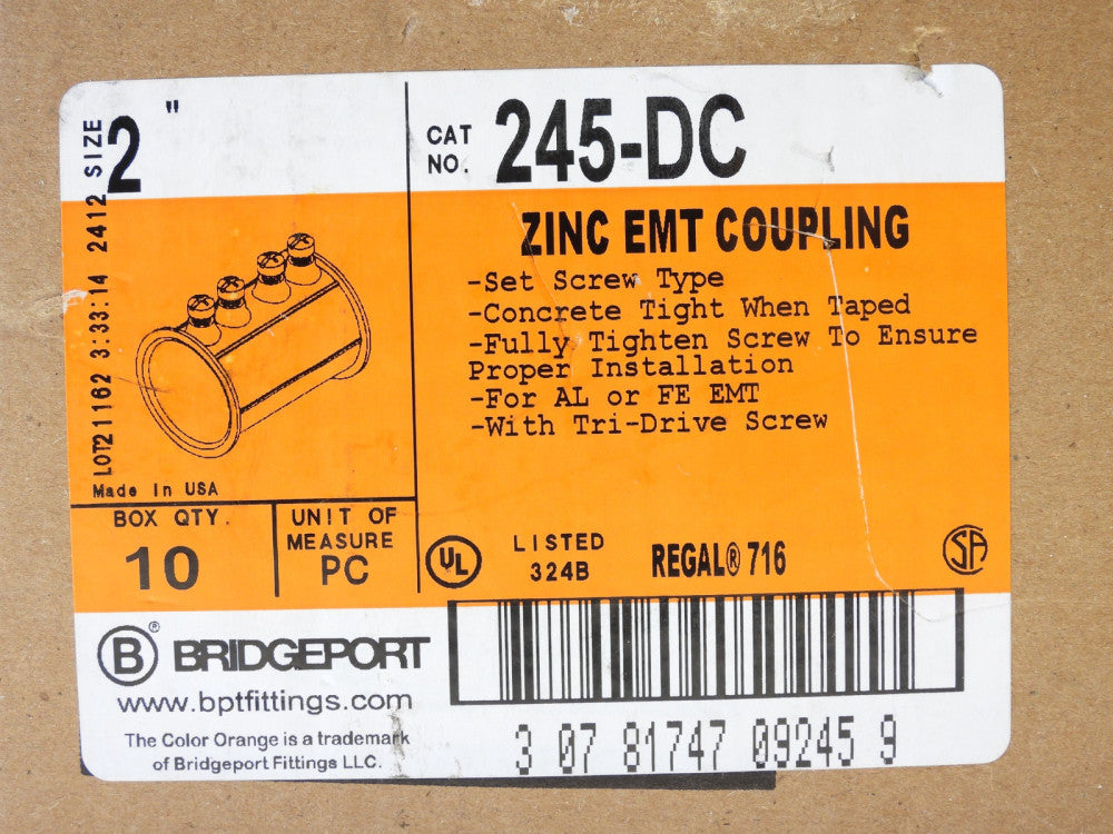 (40 Pieces) Bridgeport 245-DC 2" Diecast EMT Set Screw Conduit Coupling Zinc