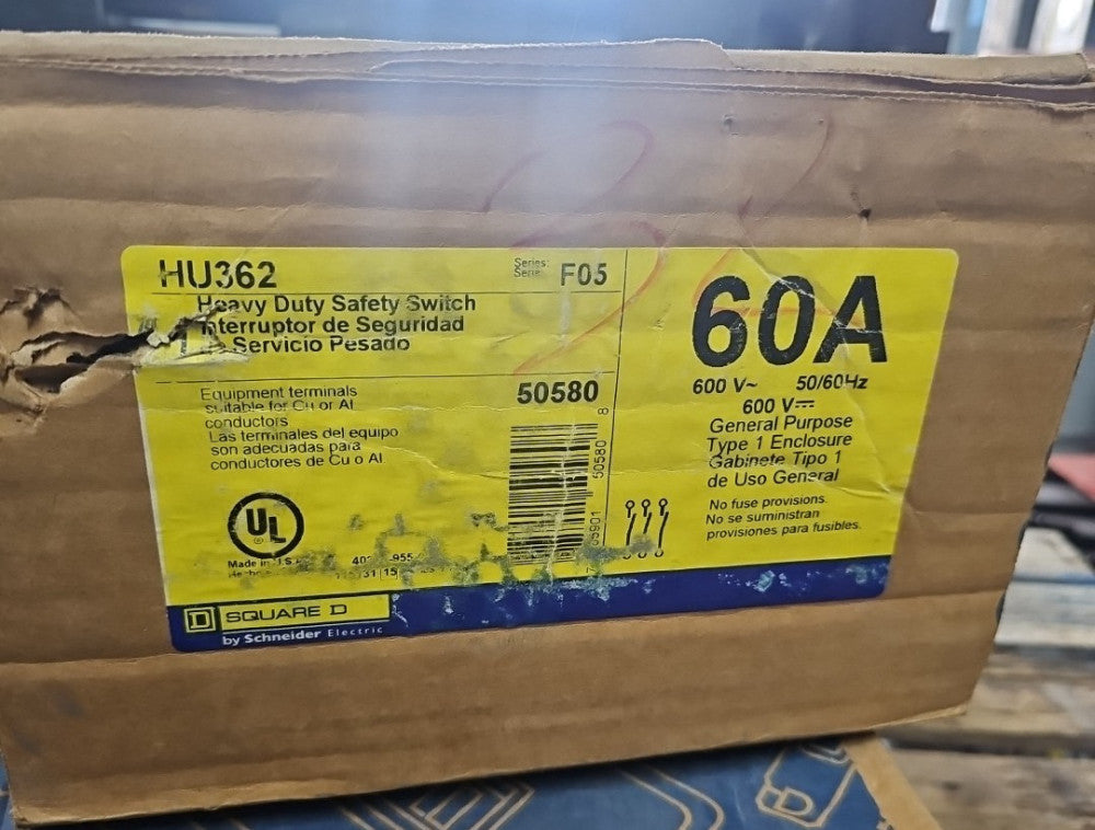 New Square D HU362 Safety Switch 60A 3P 600V Non- Fusible -