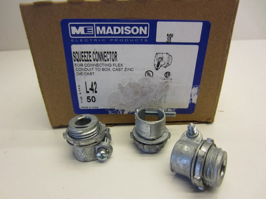 (50) Madison 3/8" Squeeze Connectors for Connecting Flex Conduit to Box L-42