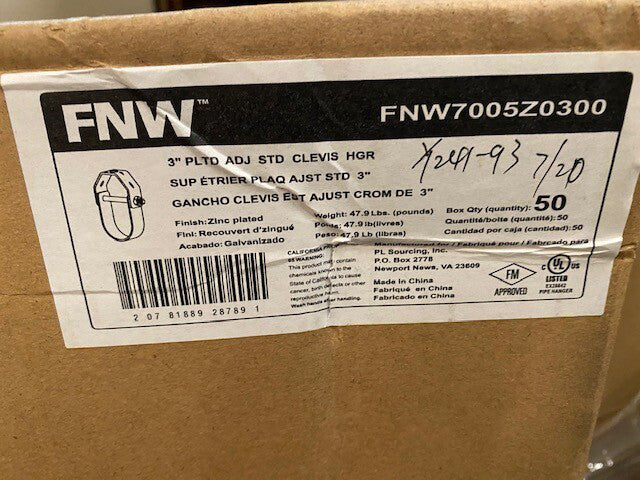 (Case of 50) FNW Adjustable - FNW7005Z0300 3" PLTD STD Clevis Hanger (NEW)