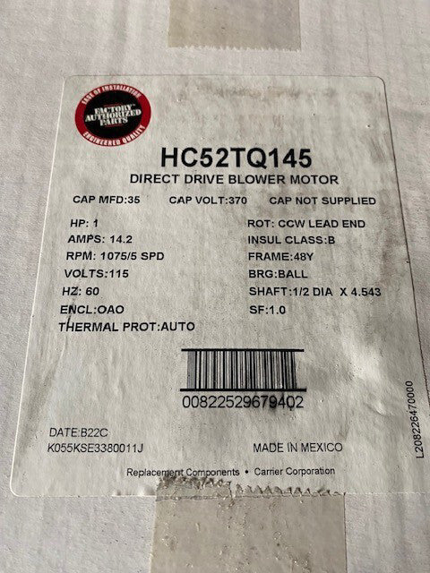 Carrier HC52TQ145 - 115V, 1ph, 1HP, 1075 rpm, 5spd Motor (NEW)
