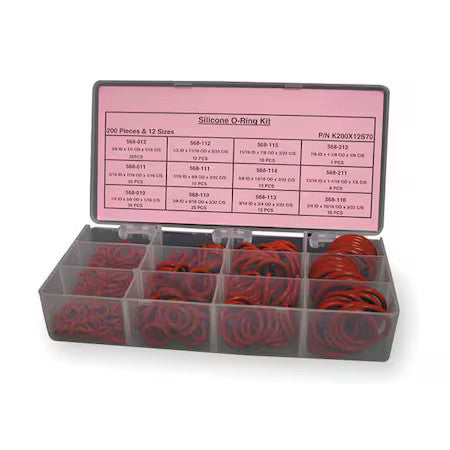 Zoro Select 3Cvz7 O-Ring Asst,Silicone,200 Pcs,12Szs
