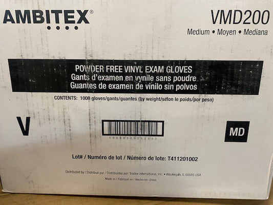 (Case of 1,000) Ambitex V200 Vinyl Exam Gloves Clear Medium, Powder Free