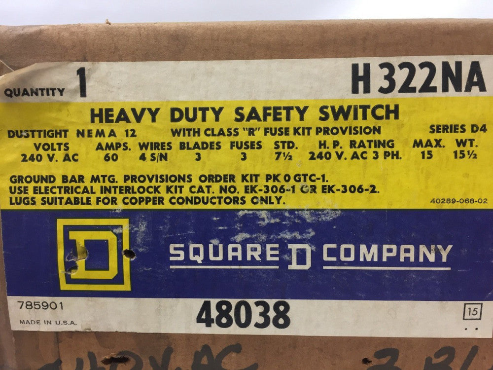 SQUARE D H322NA HEAVY DUTY SAFETY SWITCH 240 VAC 60 AMPS 4 S/N WIRES 3 FUSES 