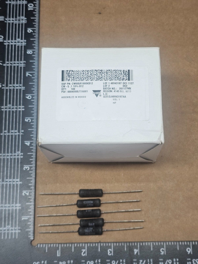 25 Pcs, CW005R1000KB12 Vishay, 5W, 0.1 Ohms, 10% Through Hole, Axial Resistor