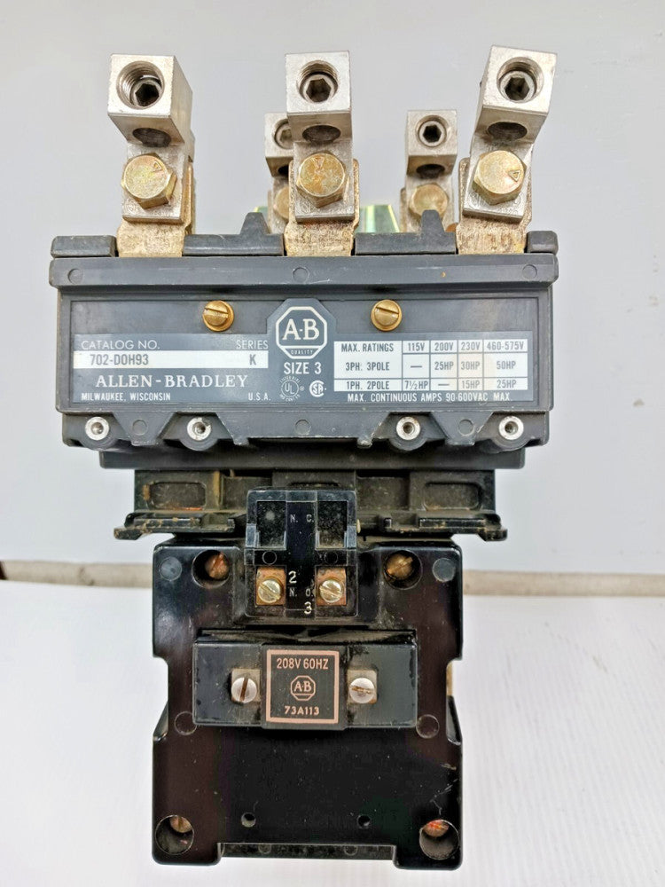 ALLEN BRADLEY NEMA SIZE 3 CONTACTOR 3 POLE 600 VAC 50 HP 208V COIL 702-DOH93