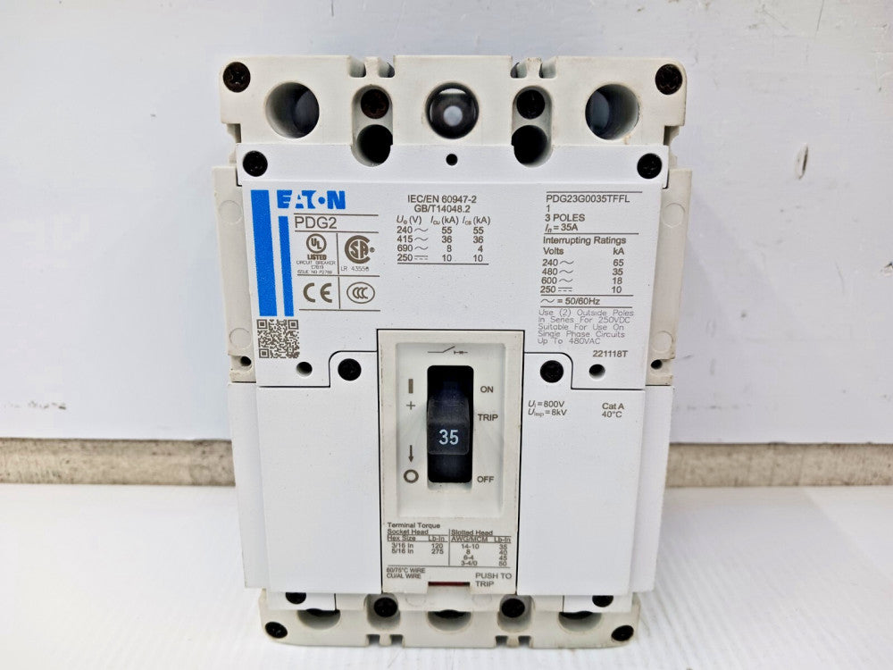 EATON 35 AMP CIRCUIT BREAKER 3 POLE 600 VAC / 250 VDC 35kA PDG23G0035TFFL