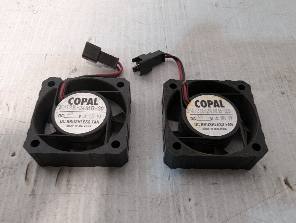 Lot of 2 Copal F412R-24MB-20 DC Cooling Fan, 24VDC, 2 Lead Connector, 0.12A 