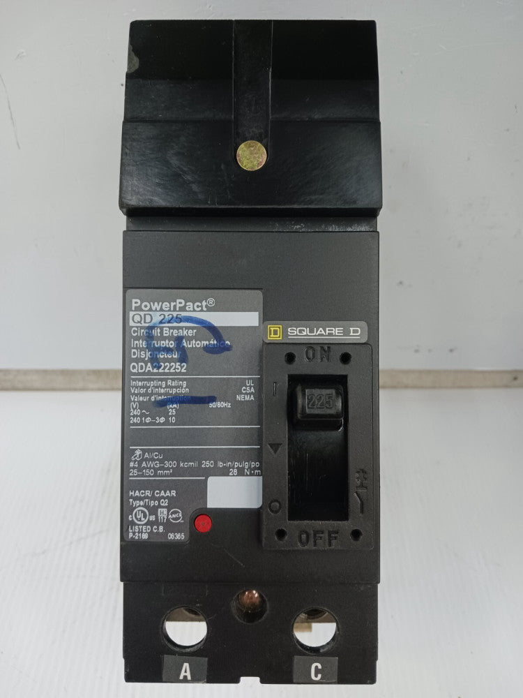 Square D PowerPact 225 Amp I-Line Circuit Breaker 2 Pole 240 VAC 25kA QDA222252