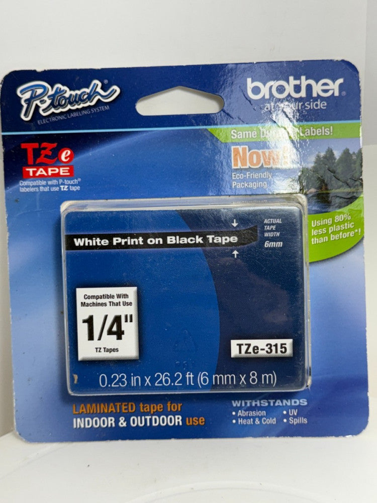 Brother P-Touch Labeler TZe Tape TZe-315 White Print on Black Tape 1/4" 6mm