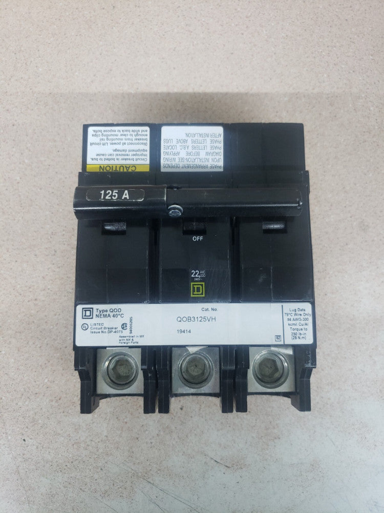 NEW SURPLUS Square D QOB3125VH Bolt-On Circuit Breaker 125A 240V 3 Pole 22kA