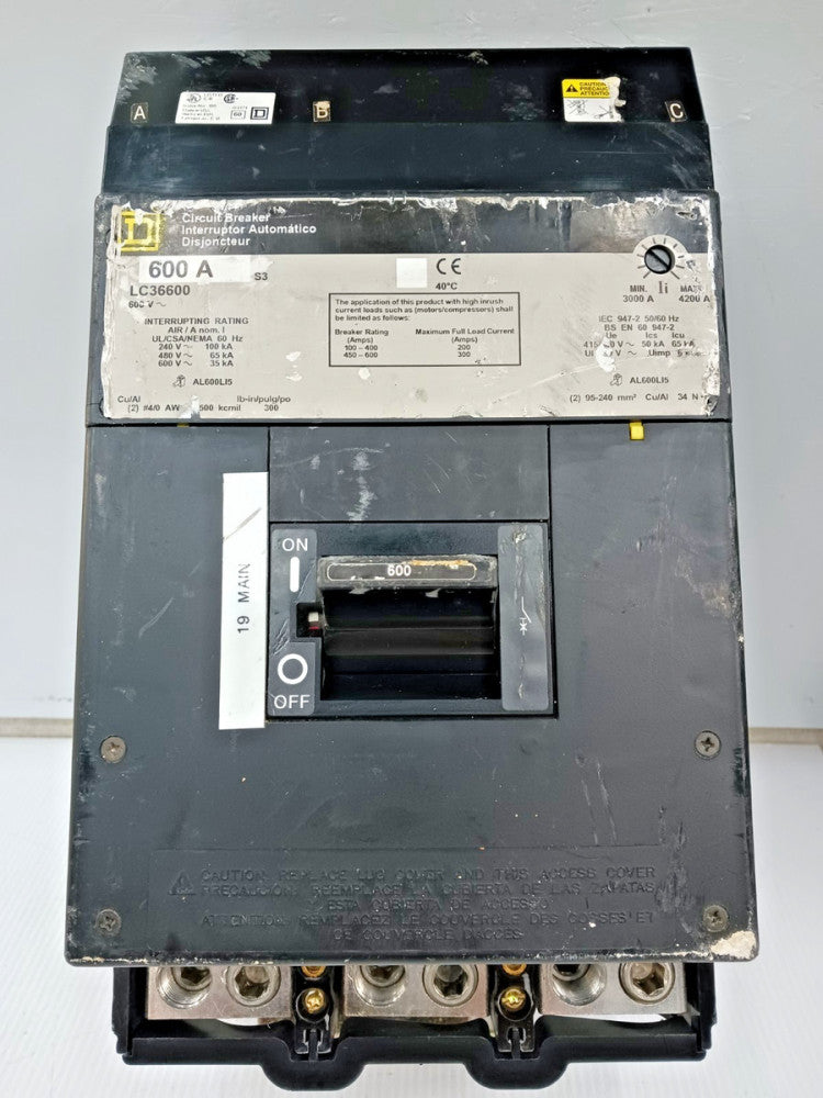 Square D 600 Amp I-Line Circuit Breaker 3 Pole 600 VAC 65kA LC36600 (Flaw)
