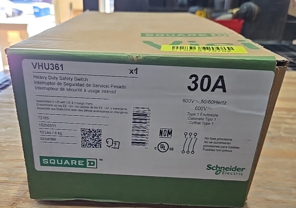 VHU361 SQUARE D HEAVY DUTY SAFETY SWITCH UNFUSED 30A NEMA 1 3POLE 600V