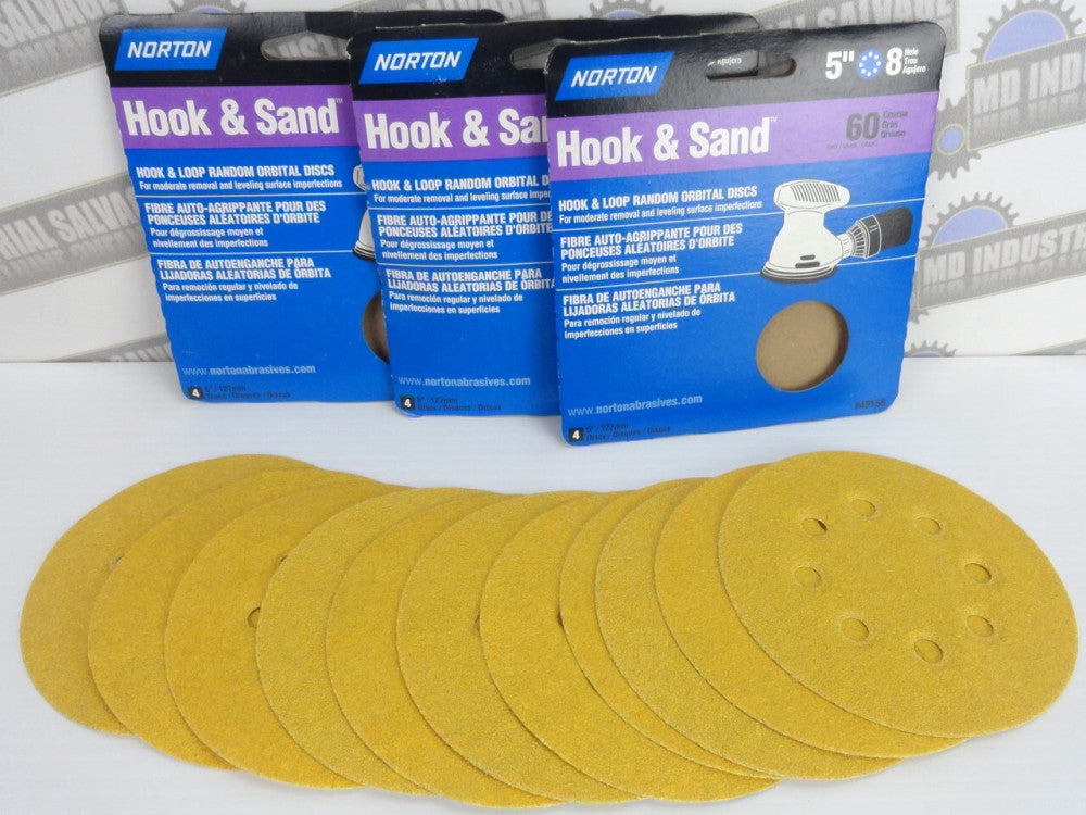 (Lot of 11) NORTON - 5" 8 Hole Orbital Sander Discs, 60 Grit, Hook & Sand (NEW)