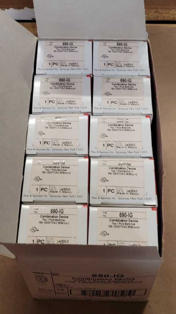 Box of 10 Pass & Seymour 690-IG Ivory Combination Device Switches 15A 120/277VAC