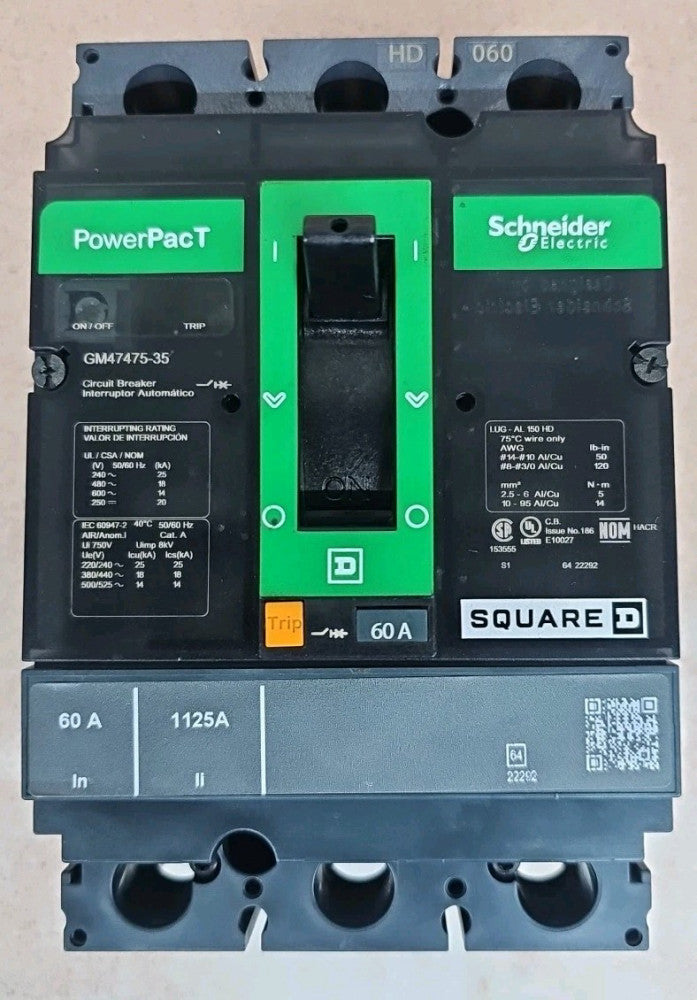 NTO Square D HDP36060 (GM47475-35) 60 Amp 600V 3 Pole PowerPact Circuit Breaker