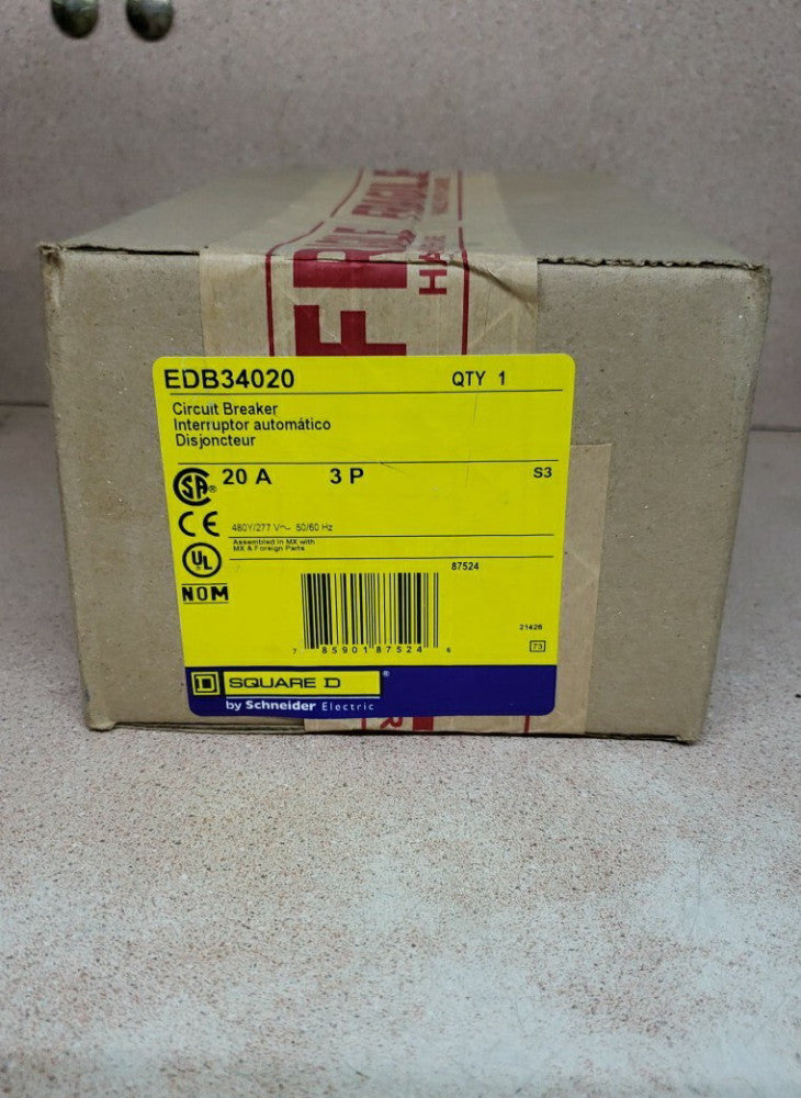NEW IN BOX Square D EDB34020 20A 277/480V 18KAIC 480V 3-Pole Circuit Breaker