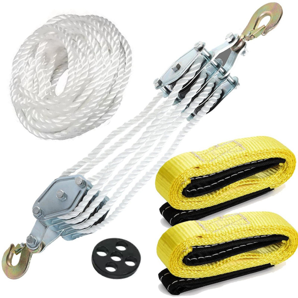 4000LB 65 Feet Rope Hoist Pulley with 2 Sling Strap, 2 Ton Wheel Block and Ta...