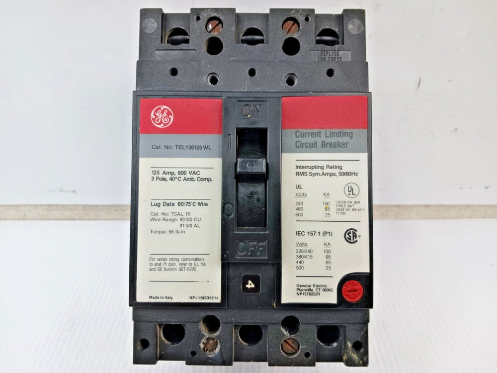 GE 125 Amp Current Limiting Circuit Breaker 3 Pole 600 VAC 65kA TEL136125WL
