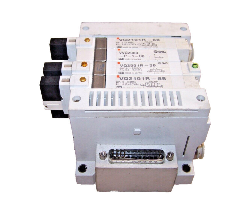 SMC PNEUMATIC VALVE MANIFOLD W/ VVQ2000-P-1-C8 VQ2101R-5B VQ2501R-5B VQ2101R-5B 