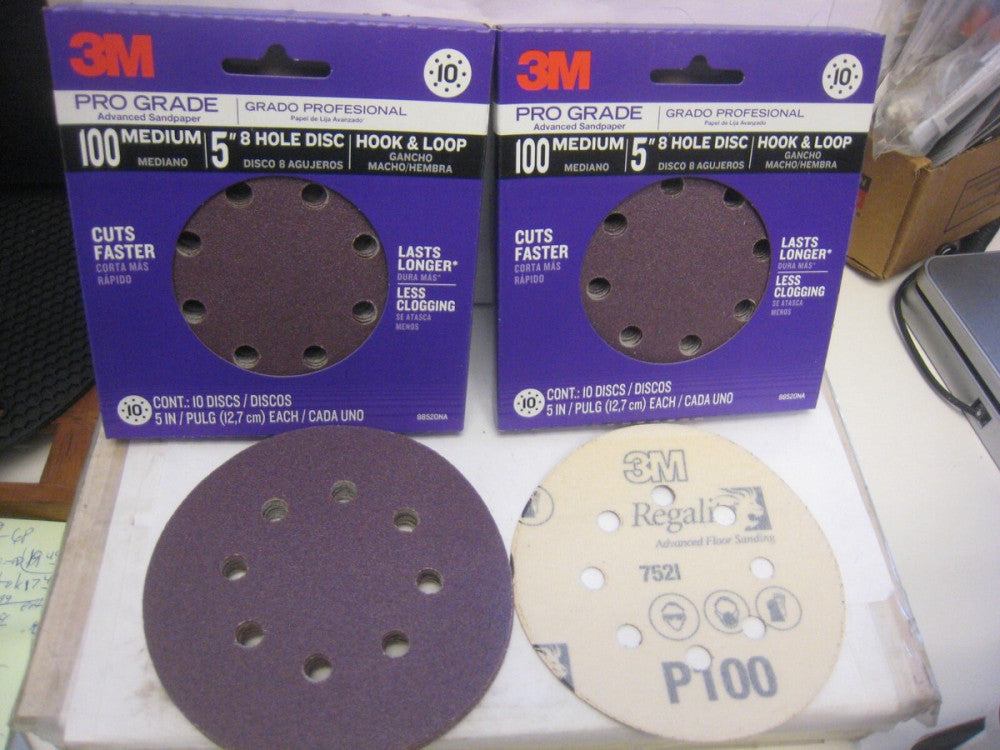 3M 5" 8 Hole Sanding Disks Sandpaper Discs 2 Pack of 10 -100 Grit  Hook Loop PRO