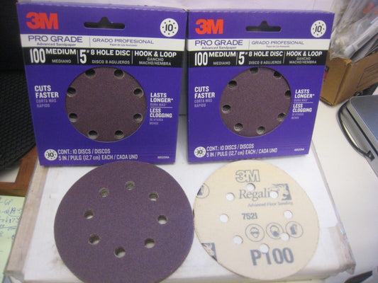 3M 5" 8 Hole Sanding Disks Sandpaper Discs 2 Pack of 10 -100 Grit  Hook Loop PRO