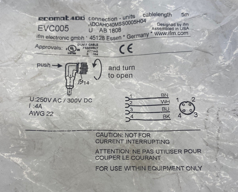 NEW IFM EVC005 4-Pin Right Angle Connector Cable Cordset 5M 