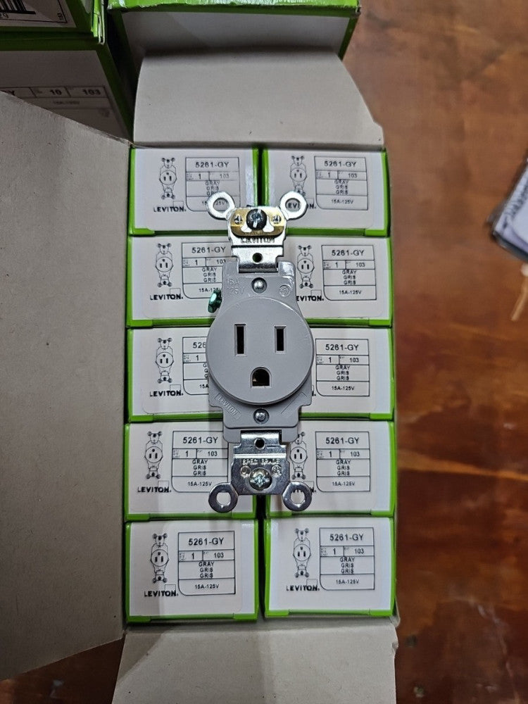 BOX OF 10 Leviton 5261-GY Heavy Duty Single Receptacle 15 Amp 125 Volt