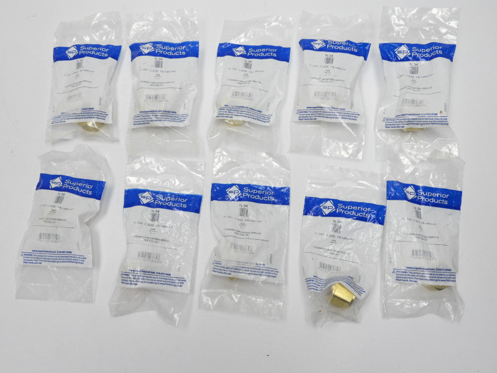 (Lot of 10) Superior Products N-34, "C" Size Brass Hose Nut for Oxygen 7/8-14RH-