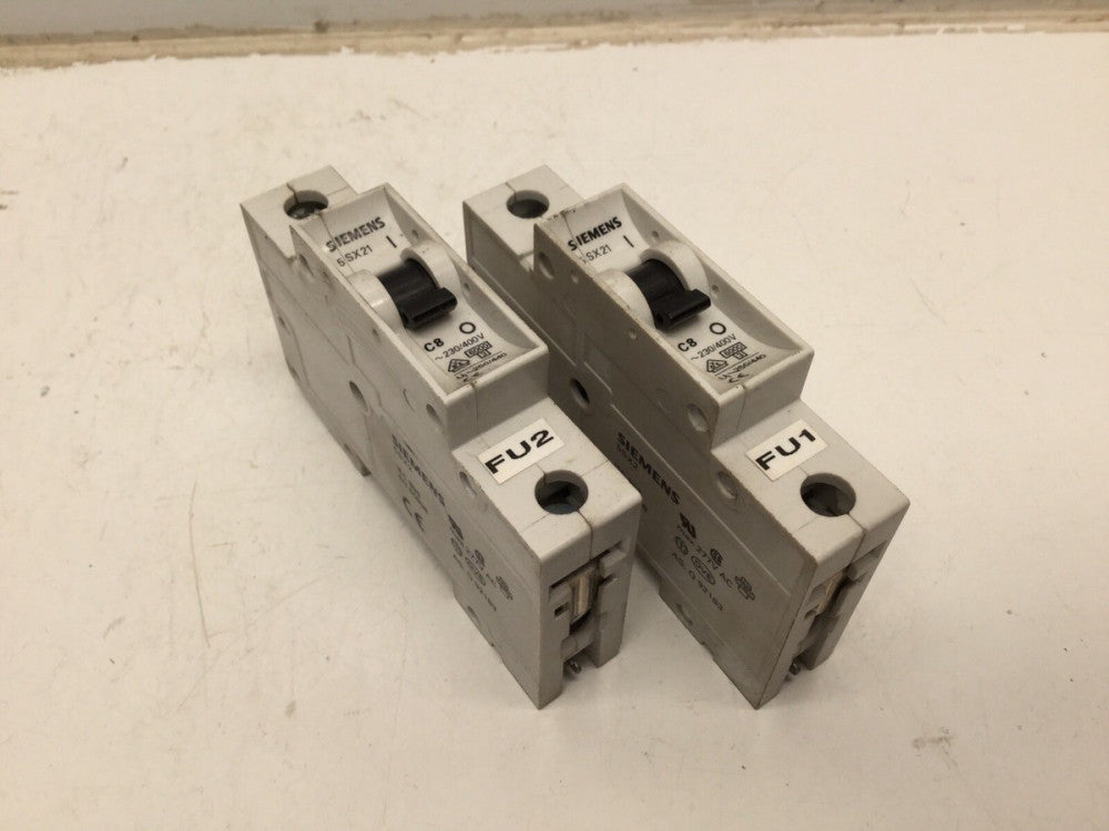 SIEMENS 5SX21 C8, 8 Amp Circuit Breaker, ~230/400V (Lot of 2)