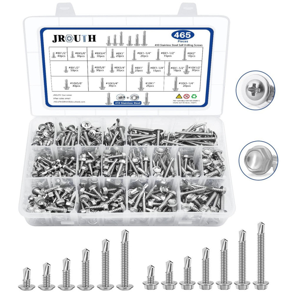 465PCS Tapping Screws for Metal, 410 Stainless Steel #8#10 Drilling Screws As...