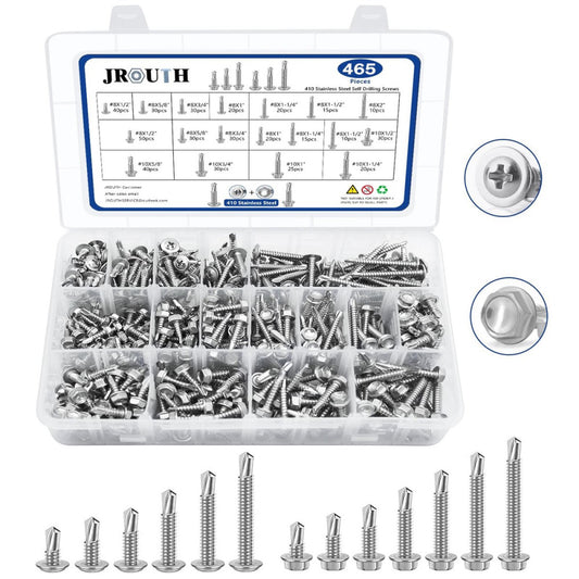 465PCS Tapping Screws for Metal, 410 Stainless Steel #8#10 Drilling Screws As...
