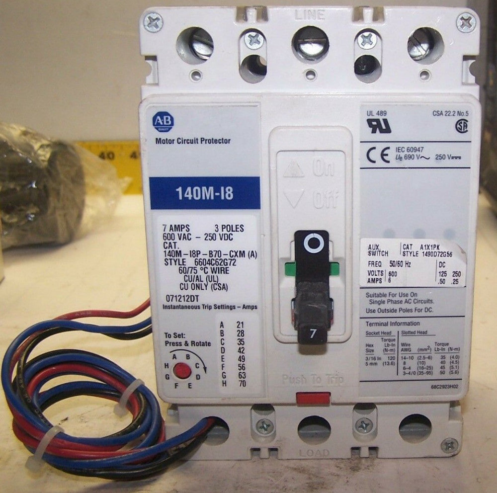 ALLEN BRADLEY 140M-I8P-B70-CXM CIRCUIT BREAKER 7 AMP 600 VAC 3P W/ AUXILIARY