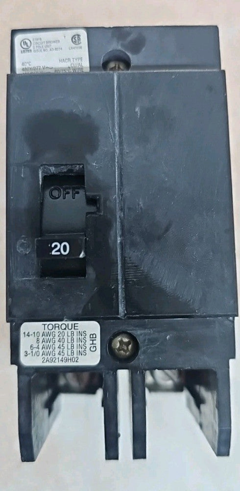 1) New Take Out Eaton GHB2020 Bolt-On Circuit Breaker 20A 2P 277/480V