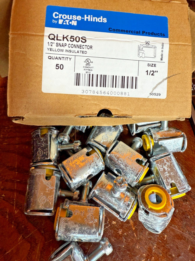 (Box of 50) Crouse-Hinds Eaton QLK-50S 1/2" Snap Connector Yellow Insulated