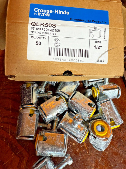 (Box of 50) Crouse-Hinds Eaton QLK-50S 1/2" Snap Connector Yellow Insulated