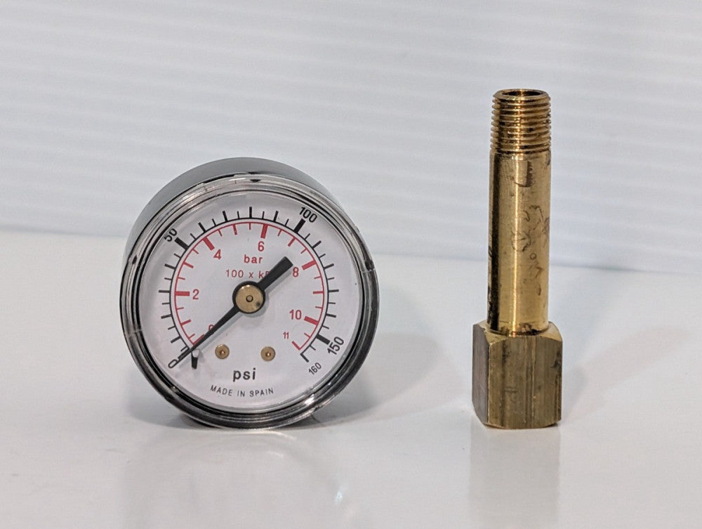 Pressure Gauge, PSI Gauge 0-160 psi, 11 BAR 1-1/2"x1-5/8", Pre-Owned, As Shown