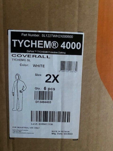 (Case of 6) DUPONT PERSONAL PROTECTION SL122TWH2X000600 Coverall, 2X-Large White