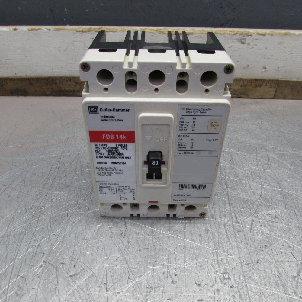 EATON / CUTLER-HAMMER FDB3080L, MCCB, 3p/80A/600V, CLEAN TAKEOUT!  MAKE OFFER!