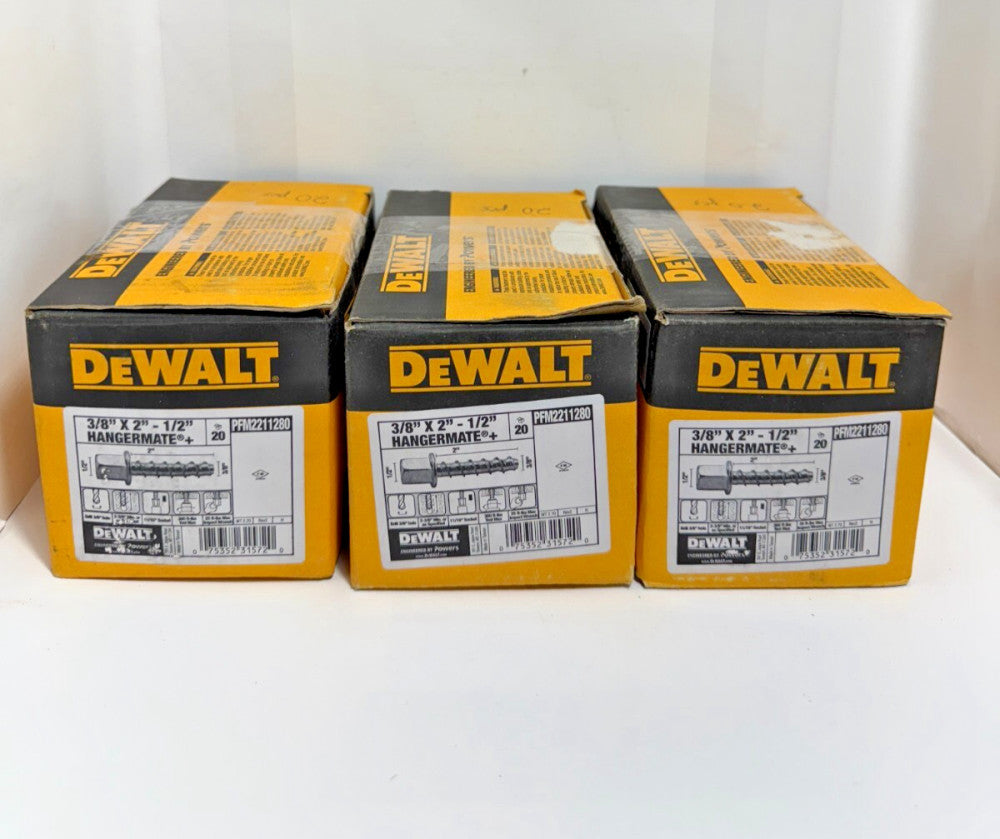 (Lot of 3) 20pc DeWalt Hangermate+ 3/8" x 2" - 1/2" PFM2211280 Concrete Anchor