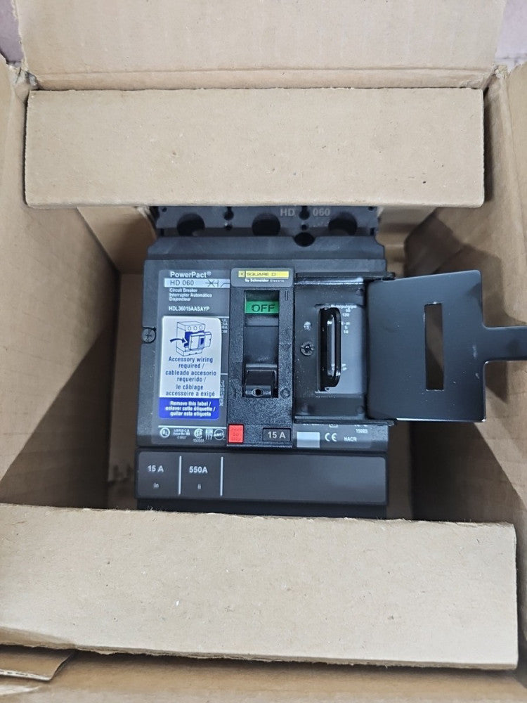 New Old Stock Square D HDL36015AASAYP PowerPact 15 Amp 3 Pole Circuit Breaker
