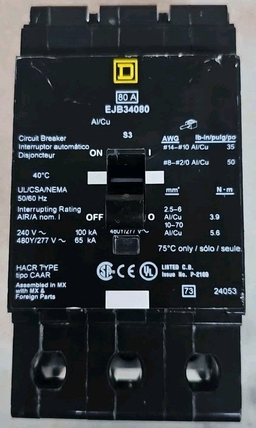 Square D EJB34080 3 Pole 80 Amp 480Y/277 Volt 65k Bolt On Circuit Breaker NTO