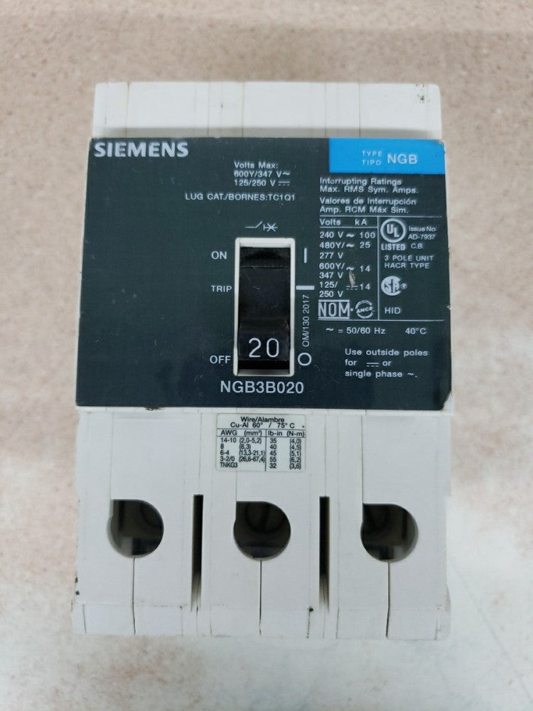 SIEMENS NGB3B020 20 AMP 600V 3 POLE BOLT ON CIRCUIT BREAKER NTO