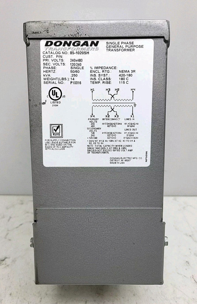 Dongan 85-1020SH .250kVA Single Phase Transformer Pri 240x480 Sec 120/240 Cat